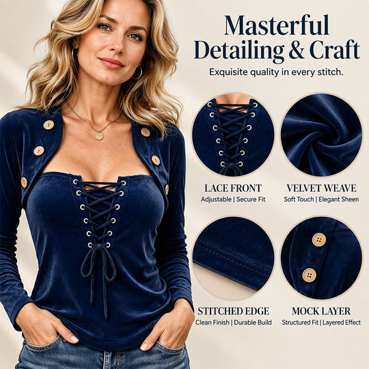Women's Lace-Up Fake Two Piece Velvet Top