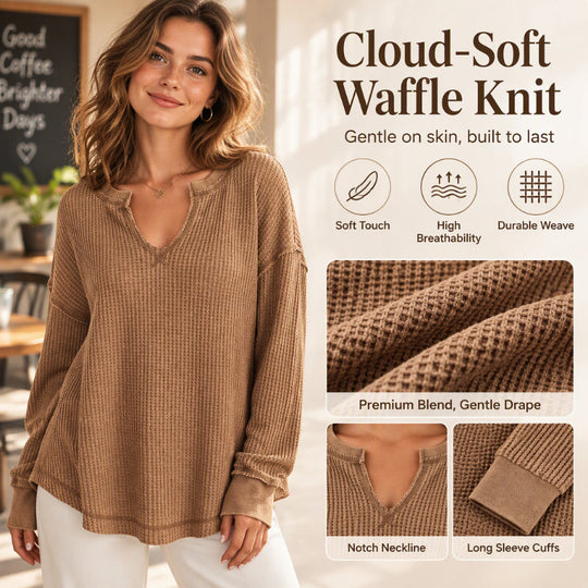 Women's Waffle Knit Long Sleeve V-Neck Top
