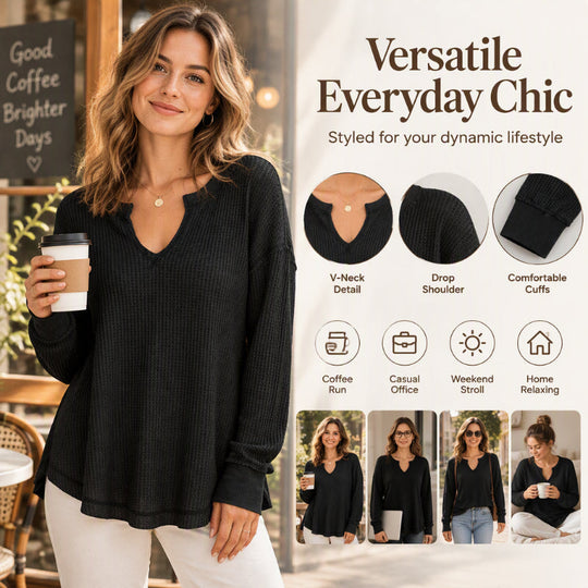 Women's Waffle Knit Long Sleeve V-Neck Top