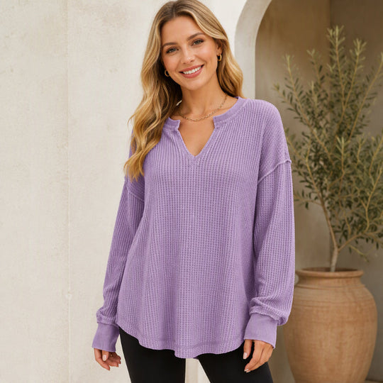 Women's Waffle Knit Long Sleeve V-Neck Top