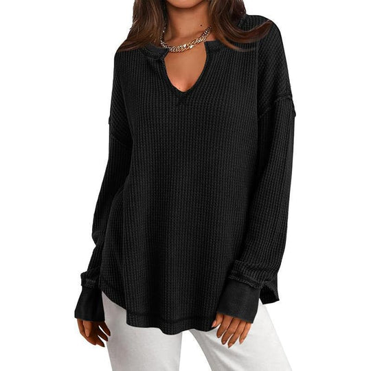 Women's Waffle Knit Long Sleeve V-Neck Top