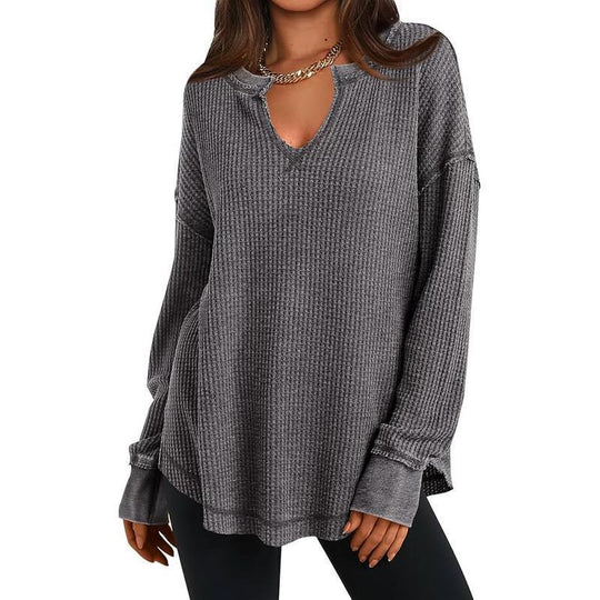 Women's Waffle Knit Long Sleeve V-Neck Top