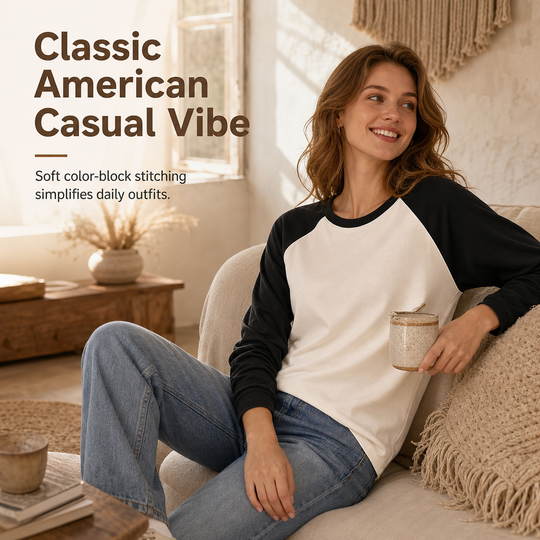 Women's Casual Loose Crew Neck Long Sleeve T-Shirt Color Block Pullover Top