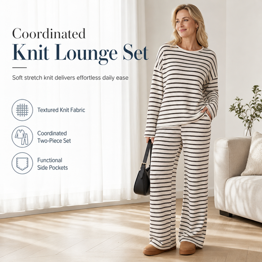 Women Casual Loose Striped Long Sleeve Crew Neck Top and Drawstring Pants Loungewear Set