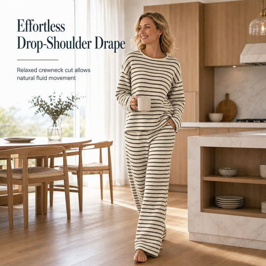 Women Casual Loose Striped Long Sleeve Crew Neck Top and Drawstring Pants Loungewear Set