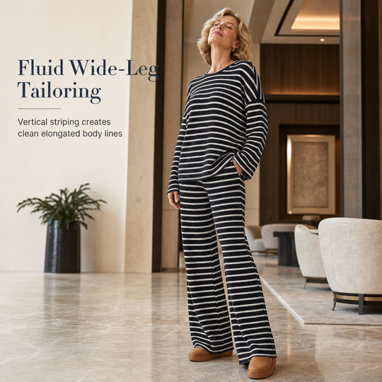 Women Casual Loose Striped Long Sleeve Crew Neck Top and Drawstring Pants Loungewear Set