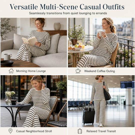 Women Casual Loose Striped Long Sleeve Crew Neck Top and Drawstring Pants Loungewear Set