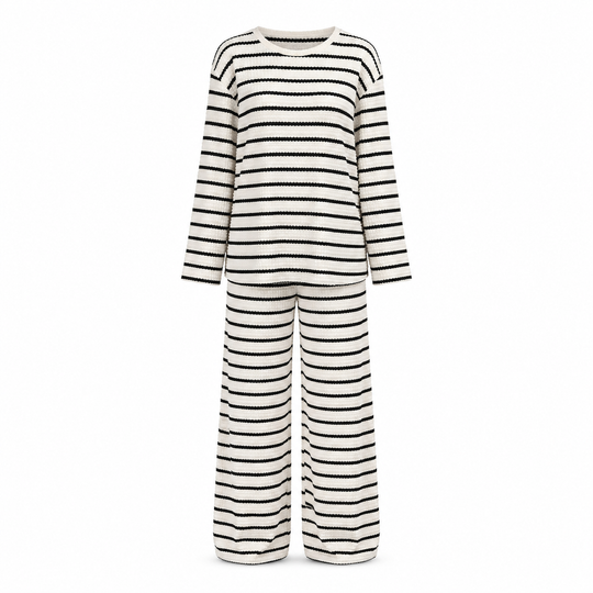 Women Casual Loose Striped Long Sleeve Crew Neck Top and Drawstring Pants Loungewear Set
