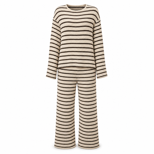 Women Casual Loose Striped Long Sleeve Crew Neck Top and Drawstring Pants Loungewear Set