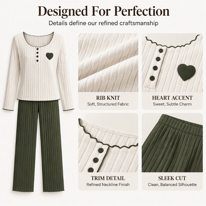 🧸Women's Heart Embroidery Ribbed Pajama Set