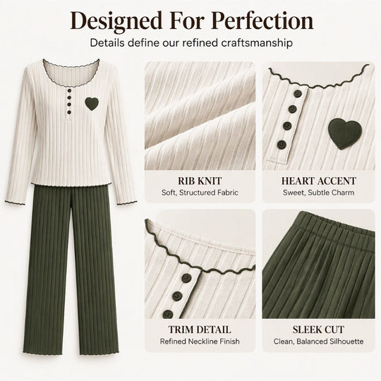 🧸Women's Heart Embroidery Ribbed Pajama Set