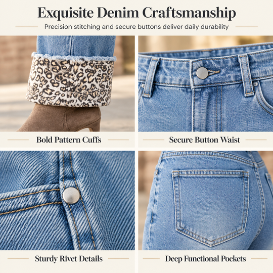 Women's Fashion Casual Washed Stretch Leopard Print Blue Jeans