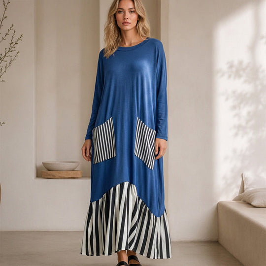 ✨Women's Striped Patchwork Long Sleeve Maxi Dress