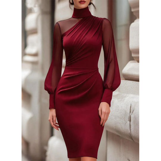 🌸 Clean Neckline, Sheer Mesh Accent | Women's Mock Neck Mesh Bodycon Dress
