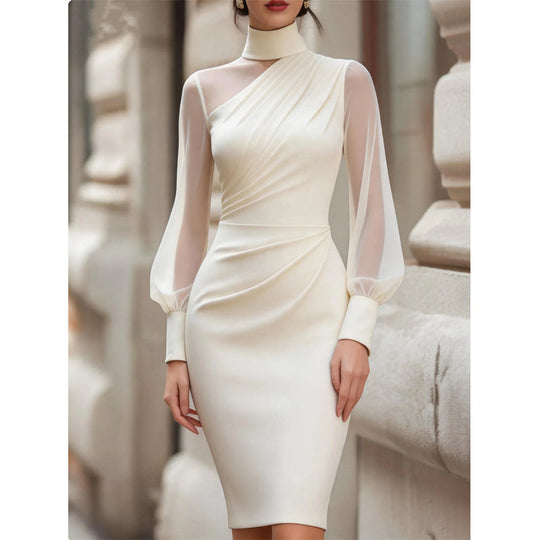 🌸 Clean Neckline, Sheer Mesh Accent | Women's Mock Neck Mesh Bodycon Dress
