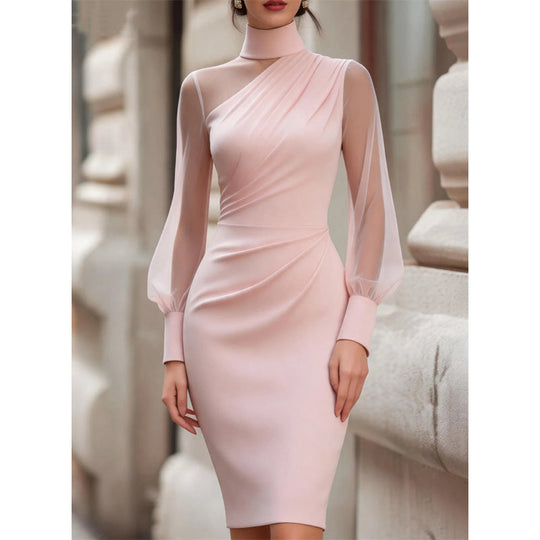 🌸 Clean Neckline, Sheer Mesh Accent | Women's Mock Neck Mesh Bodycon Dress