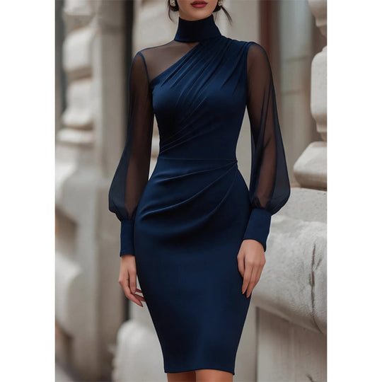 🌸 Clean Neckline, Sheer Mesh Accent | Women's Mock Neck Mesh Bodycon Dress