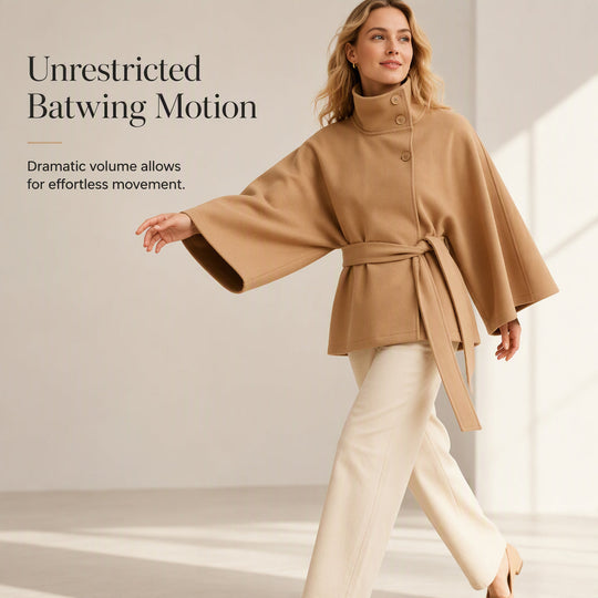 Women's Cape Trench Coat Stand Collar Button Belted Jacket