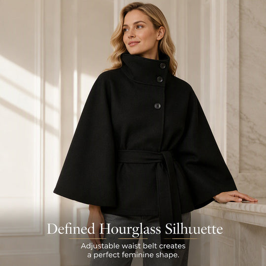 Women's Cape Trench Coat Stand Collar Button Belted Jacket