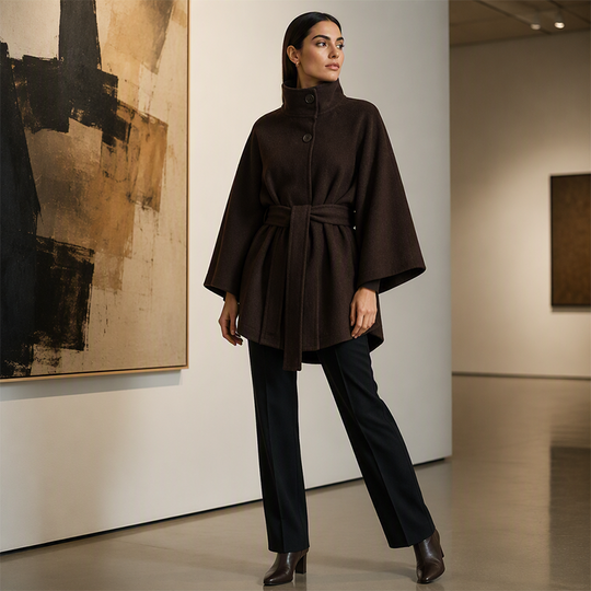 Women's Cape Trench Coat Stand Collar Button Belted Jacket