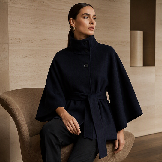 Women's Cape Trench Coat Stand Collar Button Belted Jacket