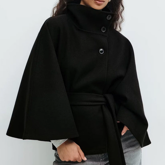 Women's Cape Trench Coat Stand Collar Button Belted Jacket