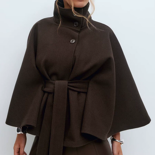 Women's Cape Trench Coat Stand Collar Button Belted Jacket
