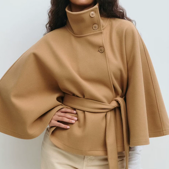 Women's Cape Trench Coat Stand Collar Button Belted Jacket