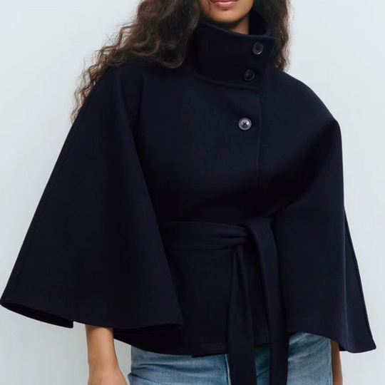 Women's Cape Trench Coat Stand Collar Button Belted Jacket