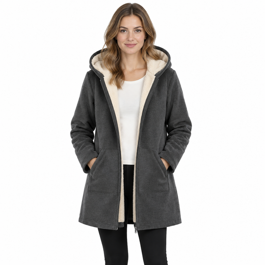 Women's Fabric Lined Hooded Warm Mid-Length Solid Color Long Sleeve Coat for Fall and Winter