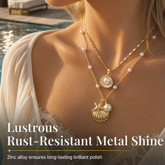📢📢 🖤Black Friday Sale🖤🐚 Layered Starfish & Shell Necklace – Pearl Accents & Coastal Charm for Beach Days and Everyday Style
