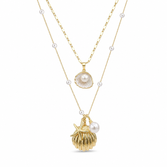 📢📢 🖤Black Friday Sale🖤🐚 Layered Starfish & Shell Necklace – Pearl Accents & Coastal Charm for Beach Days and Everyday Style