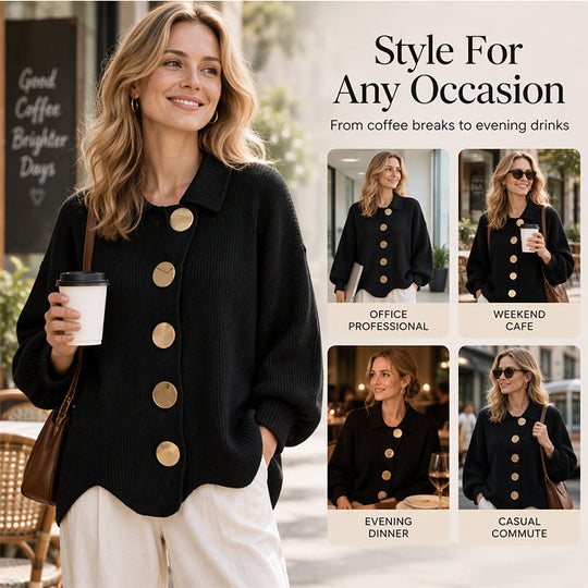 Women's Elegant Lapel Knit Cardigan with Gold Buttons