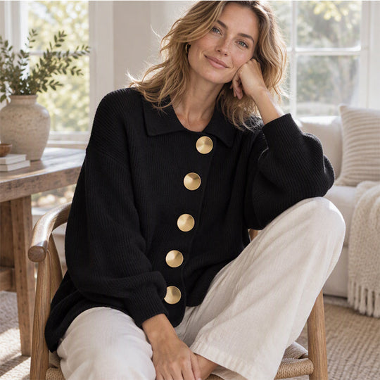 Women's Elegant Lapel Knit Cardigan with Gold Buttons