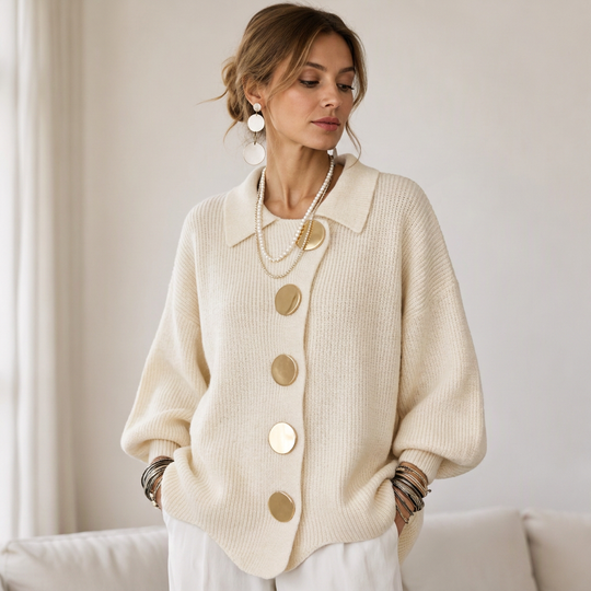 Women's Elegant Lapel Knit Cardigan with Gold Buttons