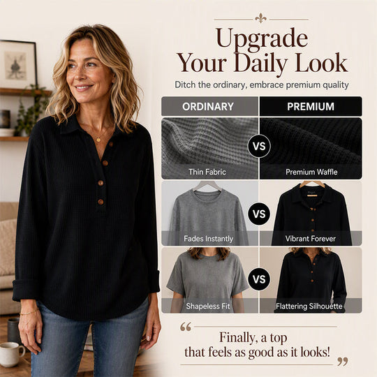 👚 Adjustable Neckline, Textured Comfort | Women's Waffle Knit Long Sleeve Henley Top