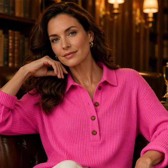 👚 Adjustable Neckline, Textured Comfort | Women's Waffle Knit Long Sleeve Henley Top