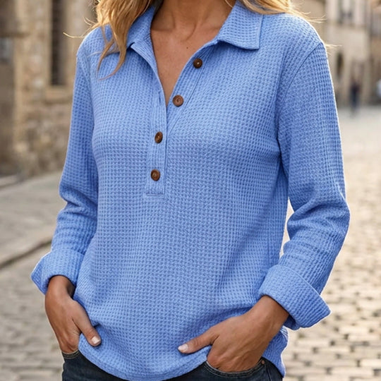 👚 Adjustable Neckline, Textured Comfort | Women's Waffle Knit Long Sleeve Henley Top