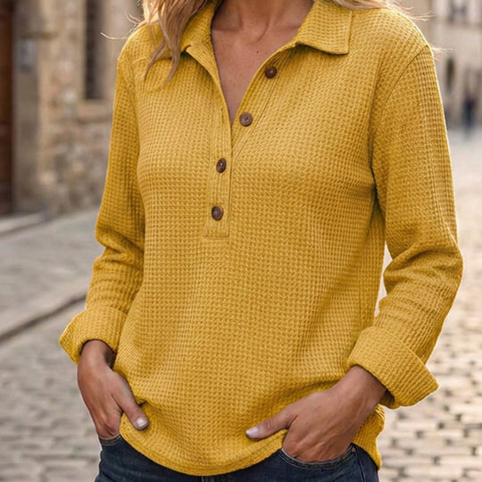 👚 Adjustable Neckline, Textured Comfort | Women's Waffle Knit Long Sleeve Henley Top