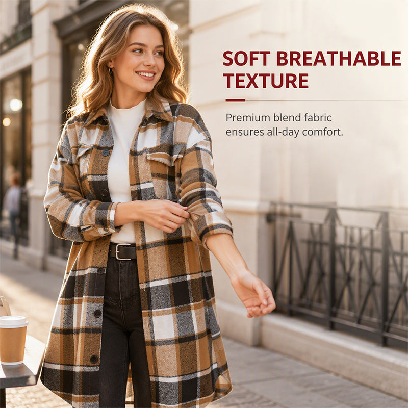 🧥 Timeless Check, Long-Line Layered Comfort | Women's Casual Long Plaid Button Down Shacket