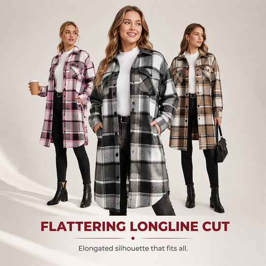 🧥 Timeless Check, Long-Line Layered Comfort | Women's Casual Long Plaid Button Down Shacket