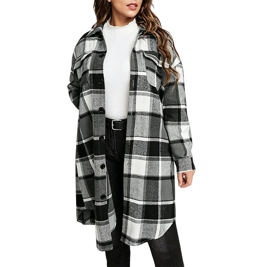 🧥 Timeless Check, Long-Line Layered Comfort | Women's Casual Long Plaid Button Down Shacket