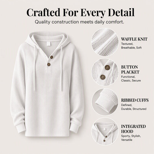 🧶 Textured Comfort, Cozy Head Coverage | Women's Waffle Knit Henley Hooded Sweatshirt