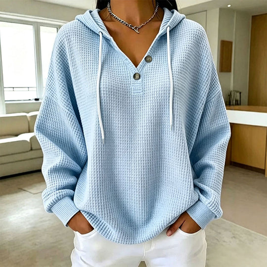 🧶 Textured Comfort, Cozy Head Coverage | Women's Waffle Knit Henley Hooded Sweatshirt