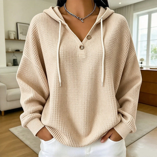 🧶 Textured Comfort, Cozy Head Coverage | Women's Waffle Knit Henley Hooded Sweatshirt