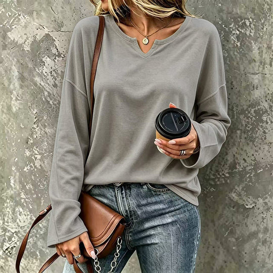 👚 Flattering Neckline, Easy Everyday Comfort | Women's Casual Notch V-Neck Long Sleeve Top