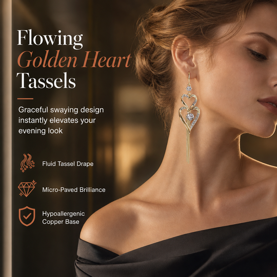 💫Elegant Gold Double Layer Heart Tassel Drop Earrings with Rhinestones for Women💎