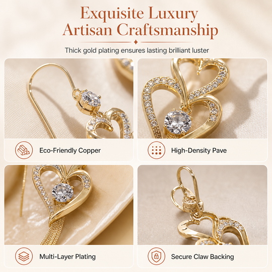 💫Elegant Gold Double Layer Heart Tassel Drop Earrings with Rhinestones for Women💎