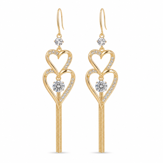 💫Elegant Gold Double Layer Heart Tassel Drop Earrings with Rhinestones for Women💎