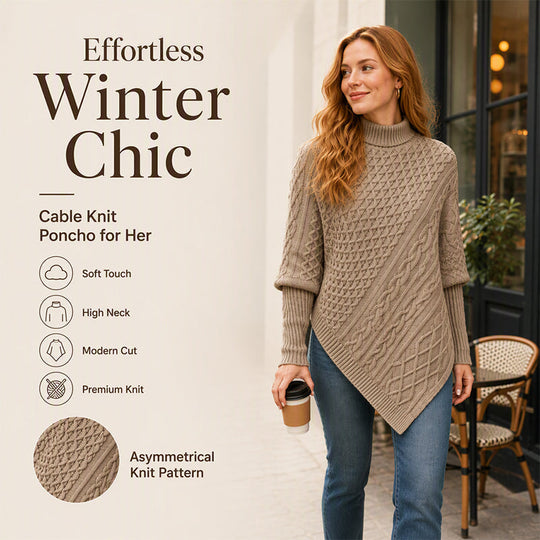 🧶 Timeless Texture, Relaxed Drape Comfort | Women's Cable Knit Poncho Sweater